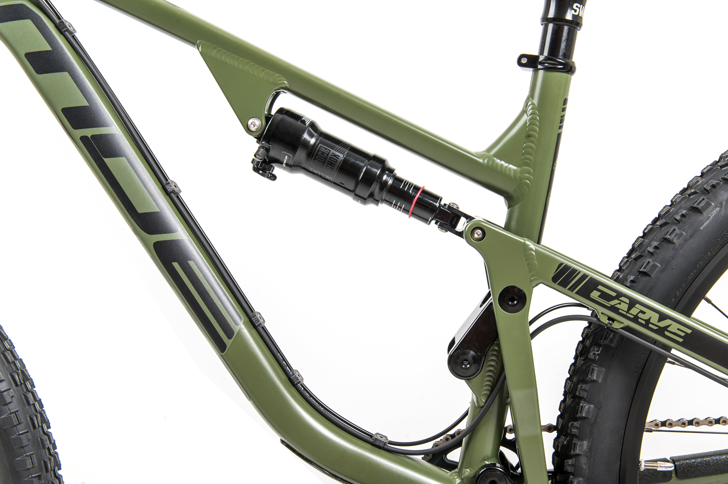 Mde 2021 Born in the Alps Carve 29 Race Bike Army Green Shock Rock Shox Deluxe Debon Air detail rear side